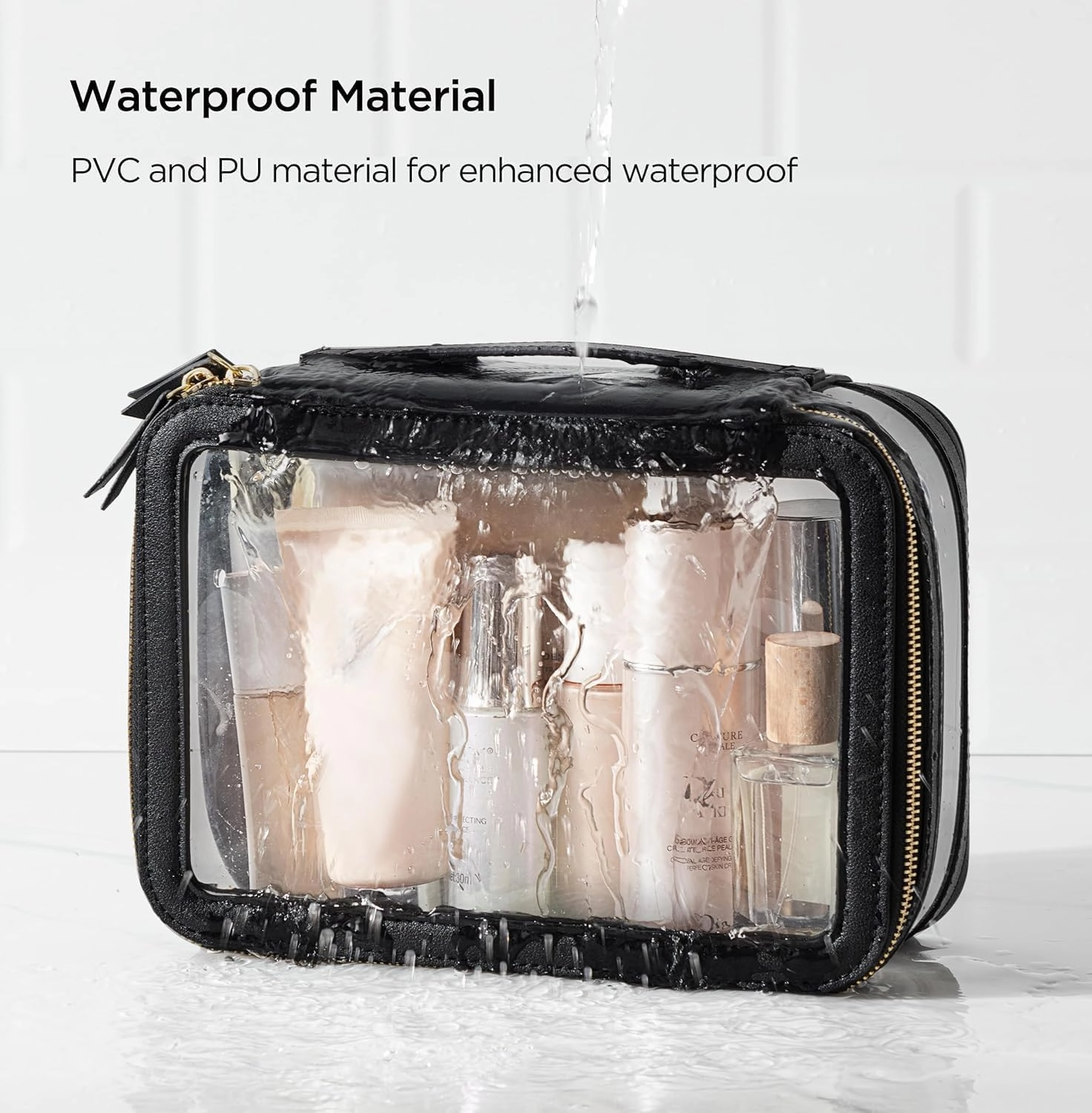 HBlife Clear Makeup Bag Organizer Set, Portable Travel Toiletry Cosmetic Case for Women, Large Make Up Bag Makeup Train Case Transparent Storage Pouch with Handle (Black)