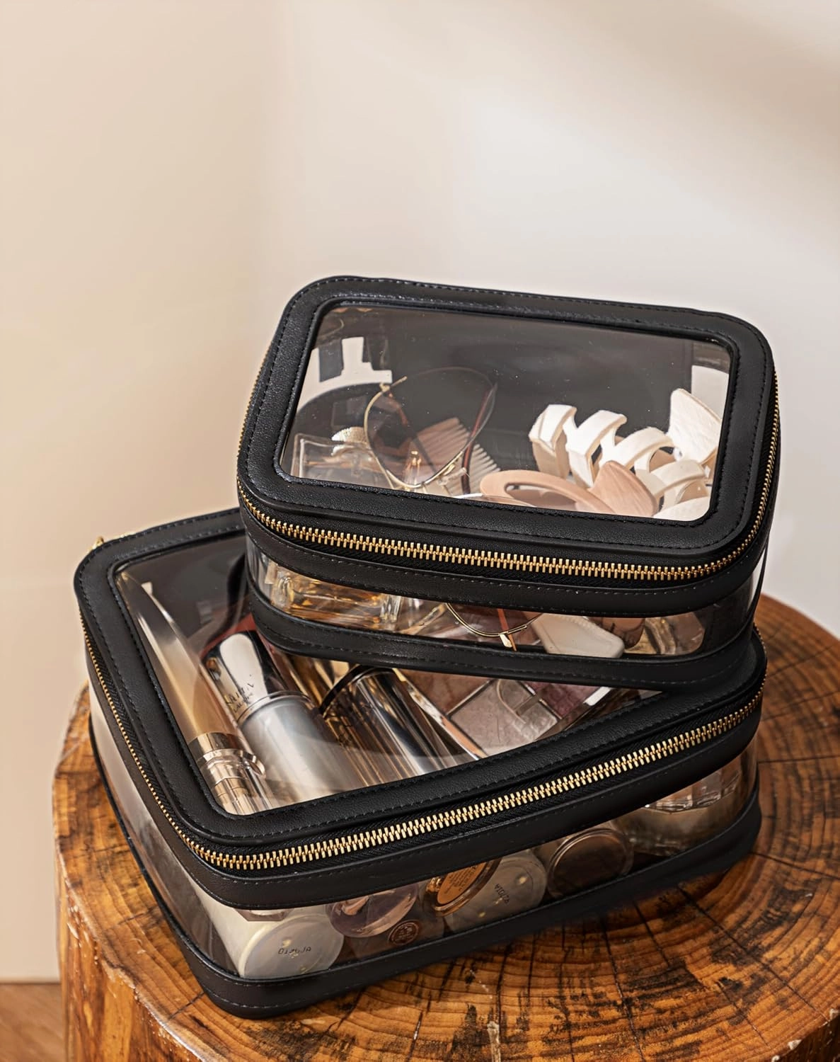 HBlife Clear Makeup Bag Organizer Set, Portable Travel Toiletry Cosmetic Case for Women, Large Make Up Bag Makeup Train Case Transparent Storage Pouch with Handle (Black)