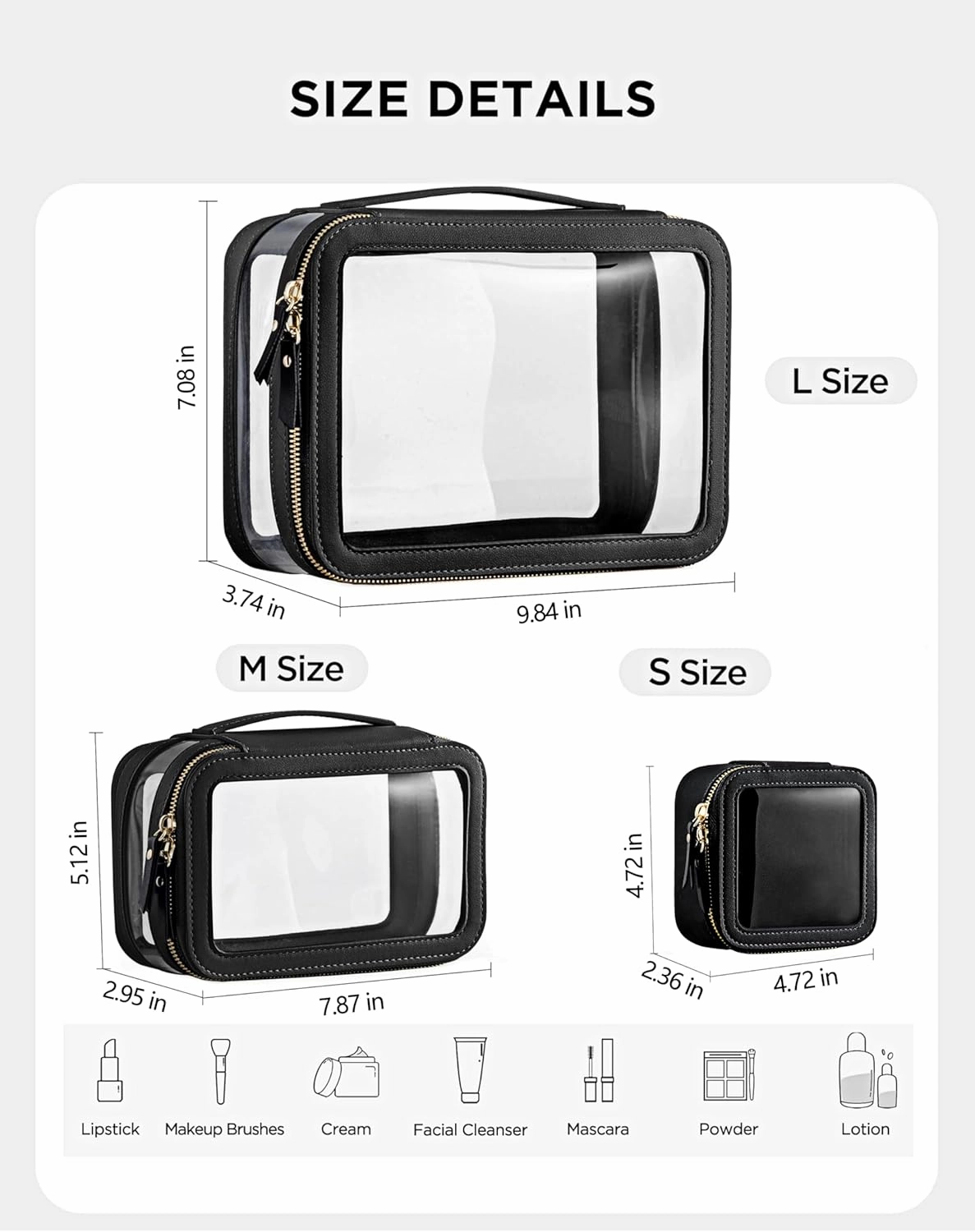 HBlife Clear Makeup Bag Organizer Set, Portable Travel Toiletry Cosmetic Case for Women, Large Make Up Bag Makeup Train Case Transparent Storage Pouch with Handle (Black)