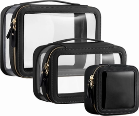 HBlife Clear Makeup Bag Organizer Set, Portable Travel Toiletry Cosmetic Case for Women, Large Make Up Bag Makeup Train Case Transparent Storage Pouch with Handle (Black)