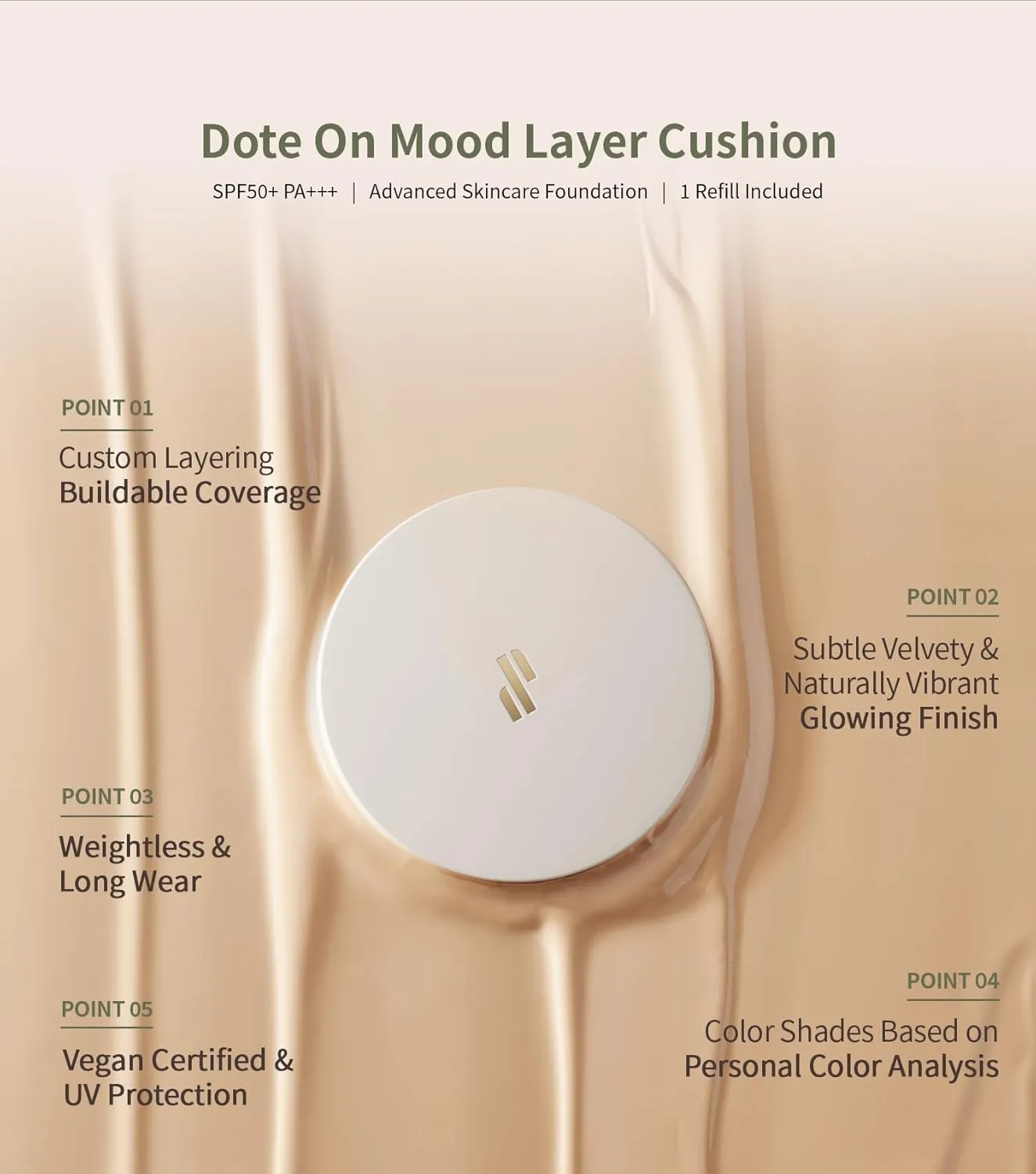 Heart Percent Dote on Mood Layer Cushion SPF 50 /PA    with Refill, Satin Glow Silky Flawless Finish Full Coverage Advanced Skincare Foundation (#21P)