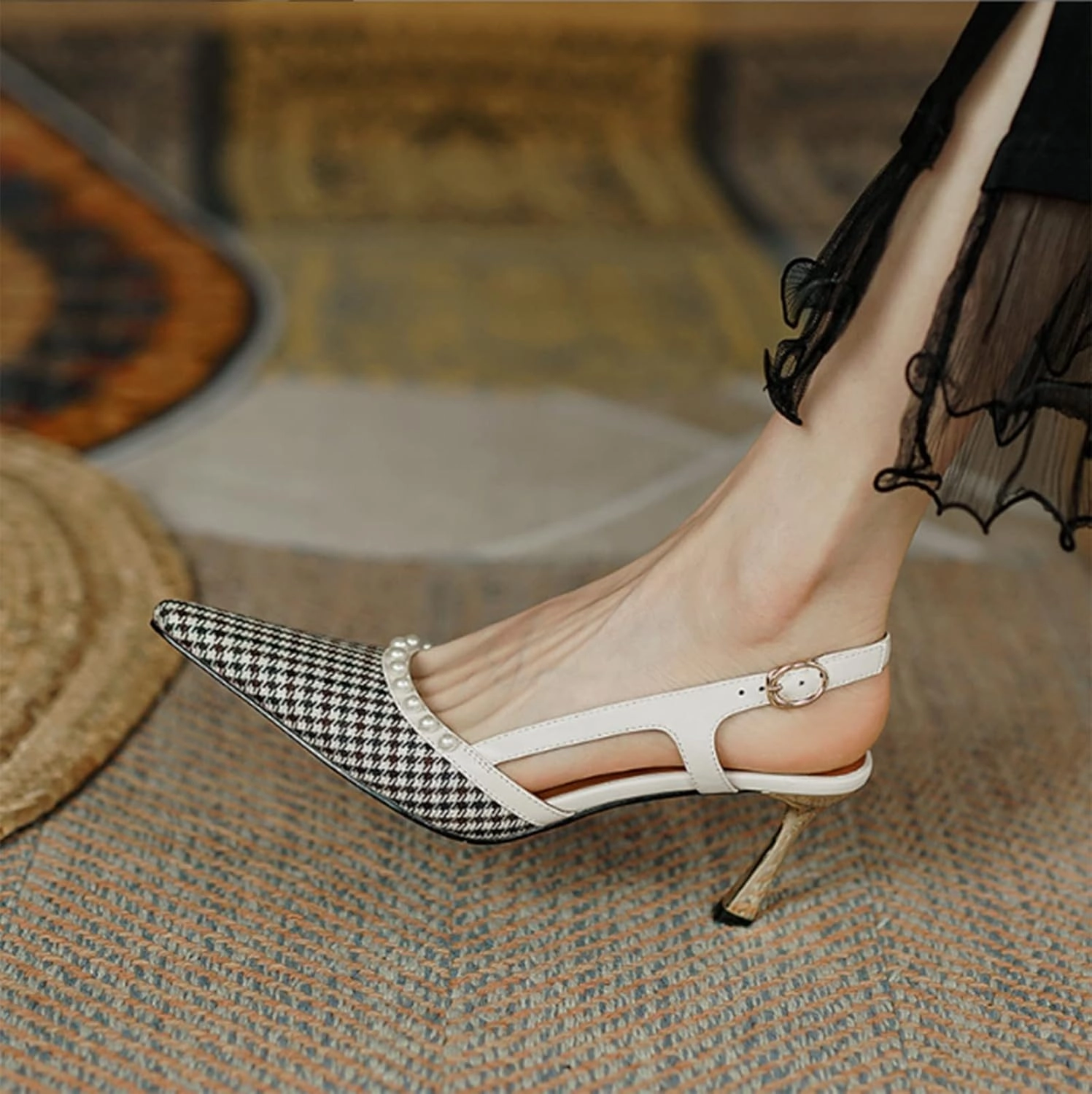 High Heels, Vintage Check Cowhide Pearl Women's Back Empty Pointed Toe Sandals