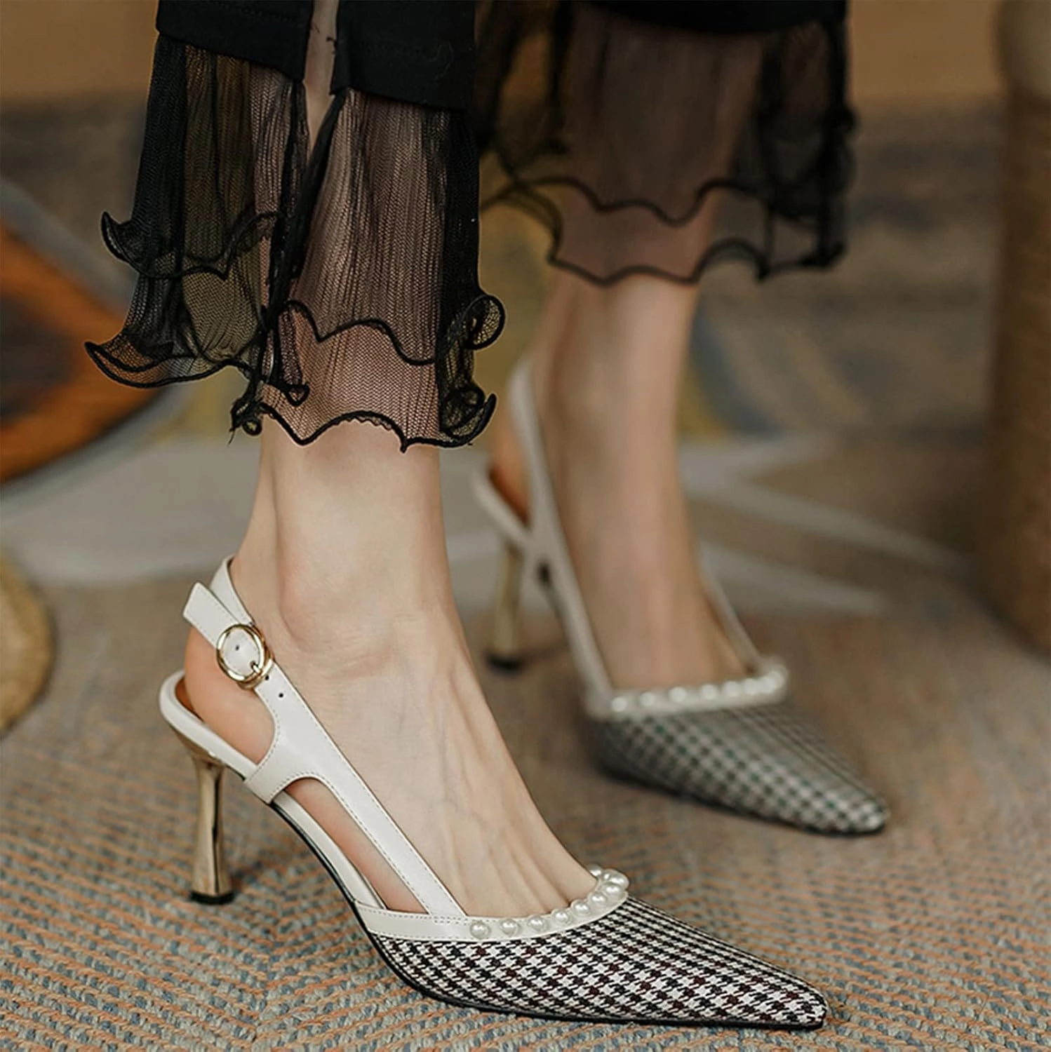 High Heels, Vintage Check Cowhide Pearl Women's Back Empty Pointed Toe Sandals