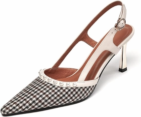 High Heels, Vintage Check Cowhide Pearl Women's Back Empty Pointed Toe Sandals