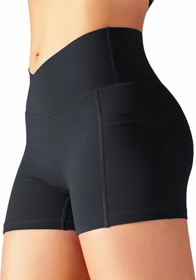 High Waist Yoga Shorts for Women, Black Peach Hip Workout Shorts, Cross Waistband with Pockets