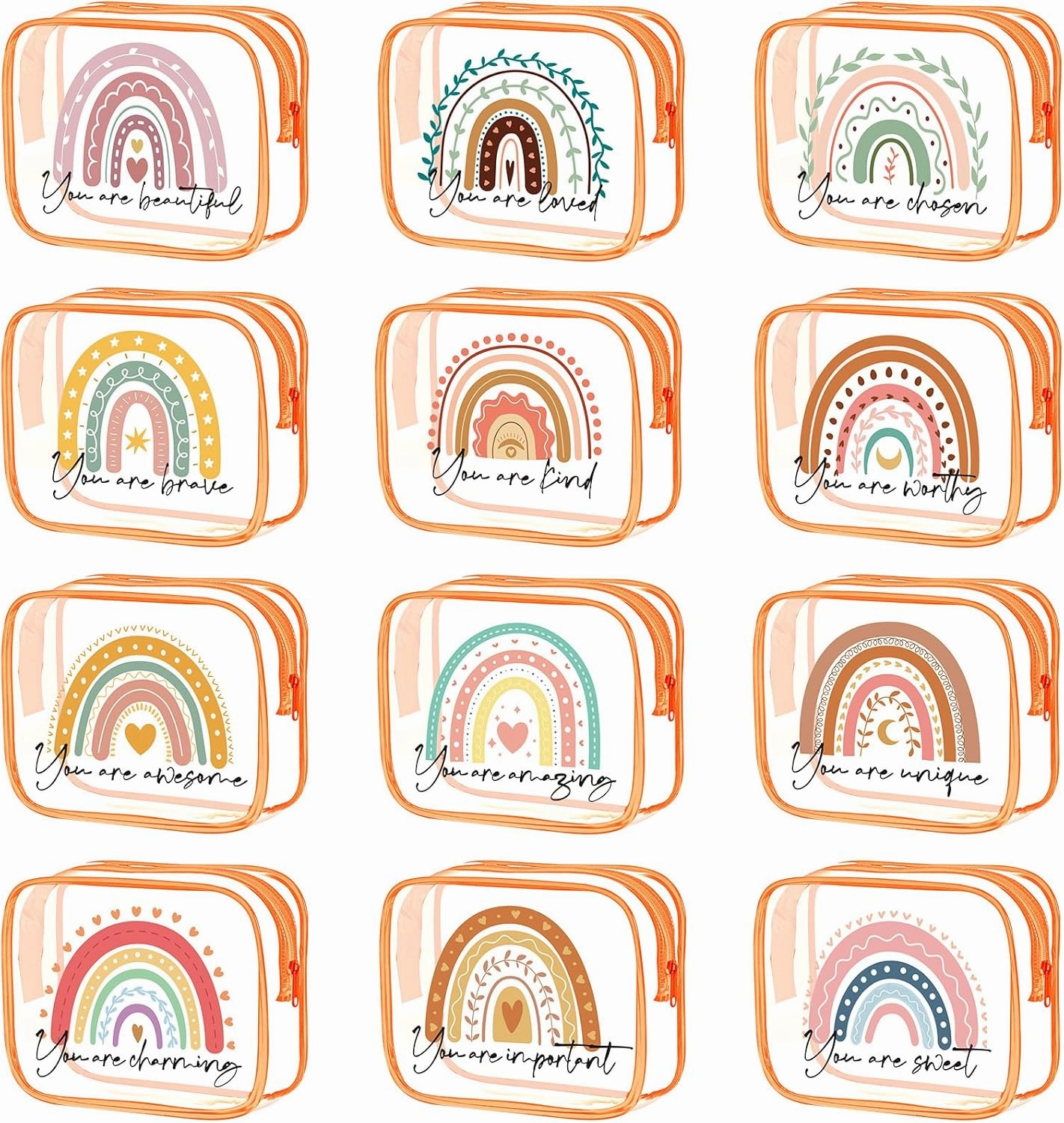 Hillban 12 Pcs Rainbow Clear Makeup Bag for Women Inspirational Quotes PVC Waterproof Cosmetic Bags Encouragement Travel Toiletry Pouch for Graduation Teacher Student Nurse Gifts(Orange)
