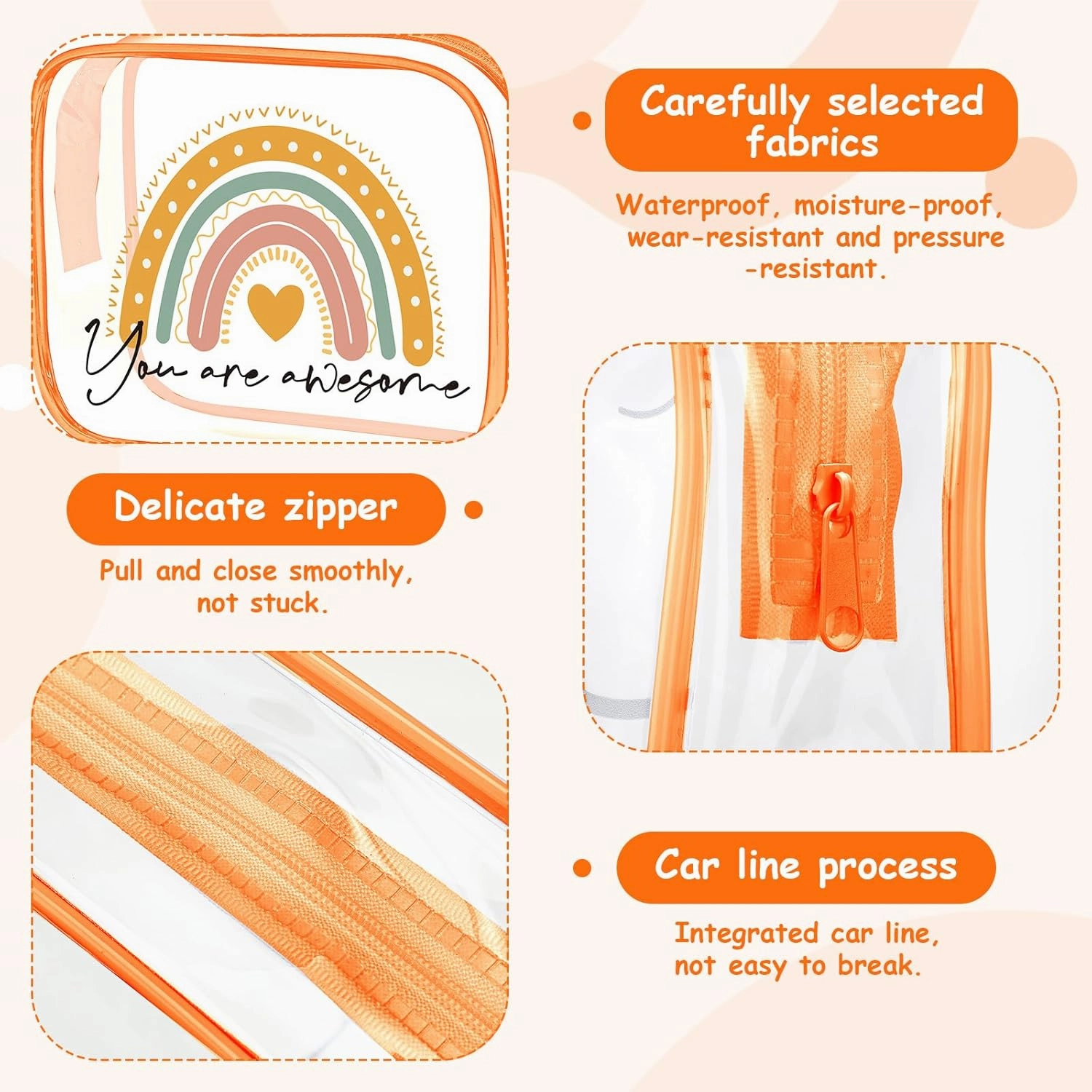 Hillban 12 Pcs Rainbow Clear Makeup Bag for Women Inspirational Quotes PVC Waterproof Cosmetic Bags Encouragement Travel Toiletry Pouch for Graduation Teacher Student Nurse Gifts(Orange)