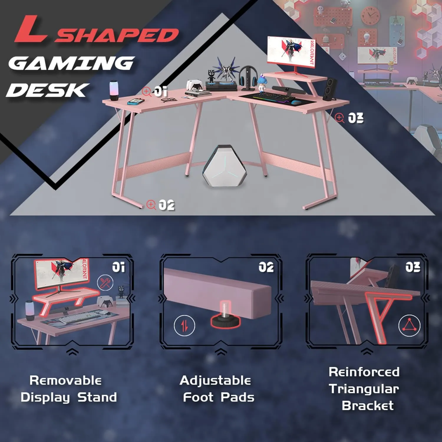 Homall Pink L Shaped Gaming Desk Computer Corner PC Desk Table with Large Monitor Stand for Home Office Studying Writing Workstation, Gift for Girls and Women (Pink, 51 Inch)