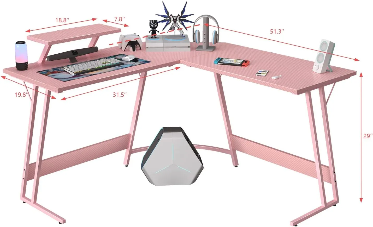Homall Pink L Shaped Gaming Desk Computer Corner PC Desk Table with Large Monitor Stand for Home Office Studying Writing Workstation, Gift for Girls and Women (Pink, 51 Inch)