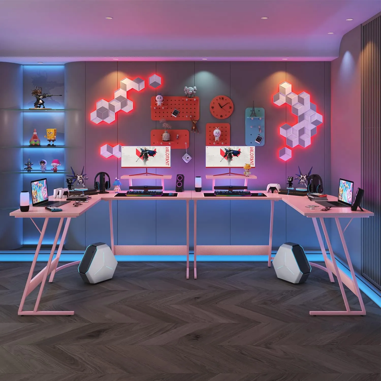 Homall Pink L Shaped Gaming Desk Computer Corner PC Desk Table with Large Monitor Stand for Home Office Studying Writing Workstation, Gift for Girls and Women (Pink, 51 Inch)