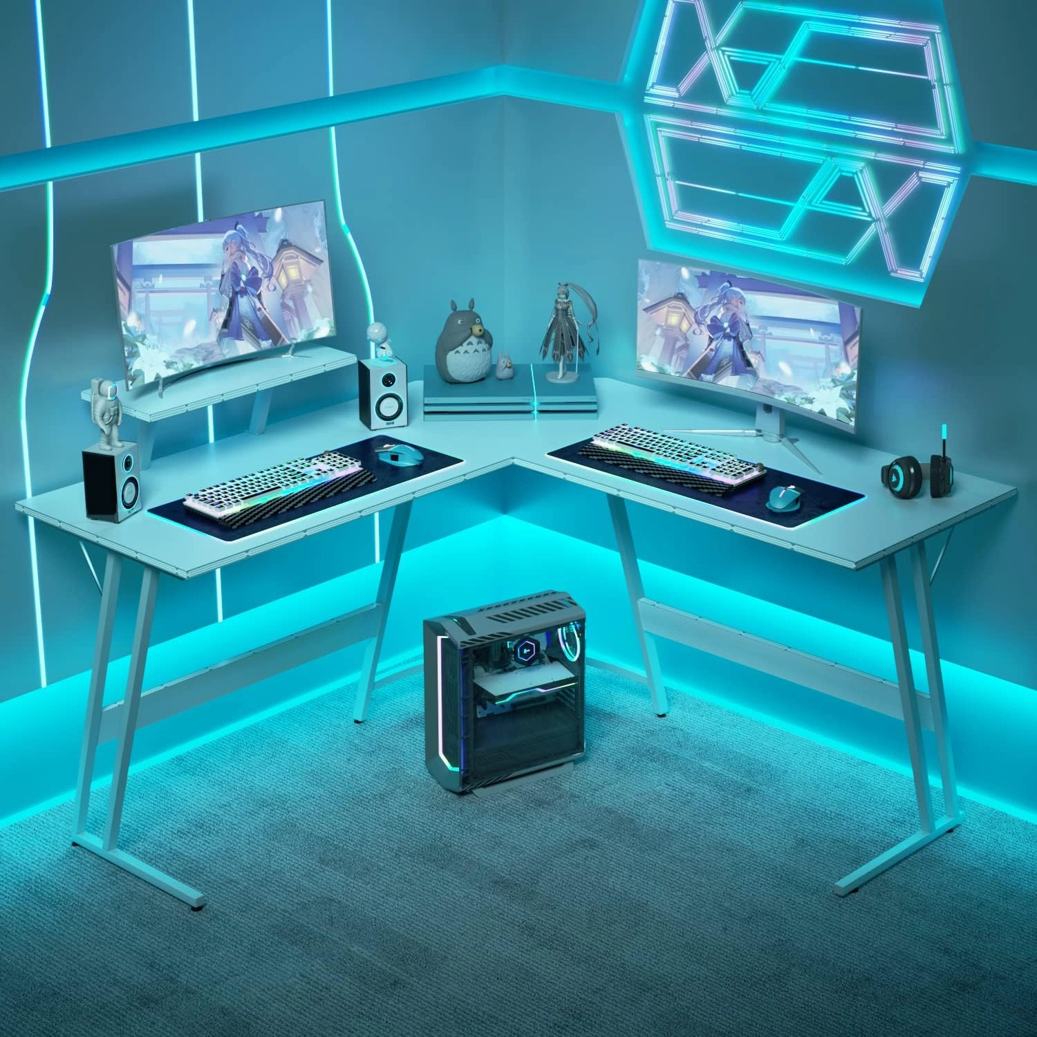 Homall L Shaped Gaming Desk Computer Corner Desk PC Gaming Desk Table with Large Monitor Riser Stand for Home Office Sturdy Writing Workstation (Blue, 51 Inch)