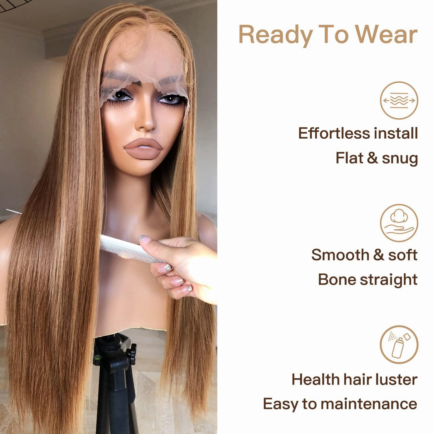 Honey Blonde Lace Front Wig - Pre Plucked, Ready to Wear, HD Glueless 13X5X1 - Highlight Synthetic Straight Wig for Women, SunKissed 4/27 Ombre Honey Blonde