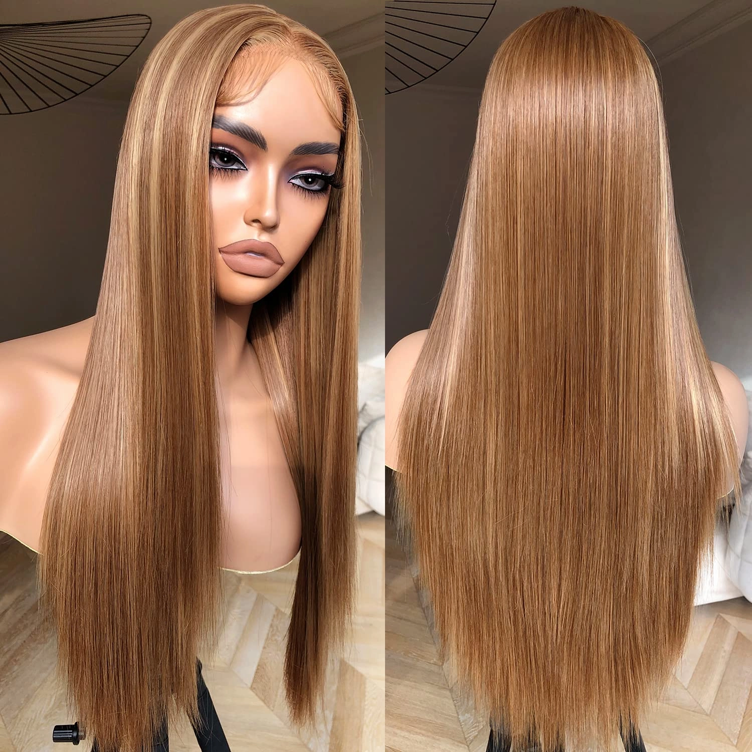 Honey Blonde Lace Front Wig - Pre Plucked, Ready to Wear, HD Glueless 13X5X1 - Highlight Synthetic Straight Wig for Women, SunKissed 4/27 Ombre Honey Blonde