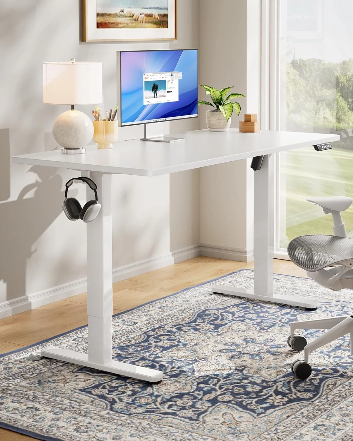 HUANUO Electric Standing Desk, 48" x 24" Whole Piece Desktop, Adjustable Height Computer Desk, 4 Height Memory Settings, Sit Stand Up Desk for Home Office, White