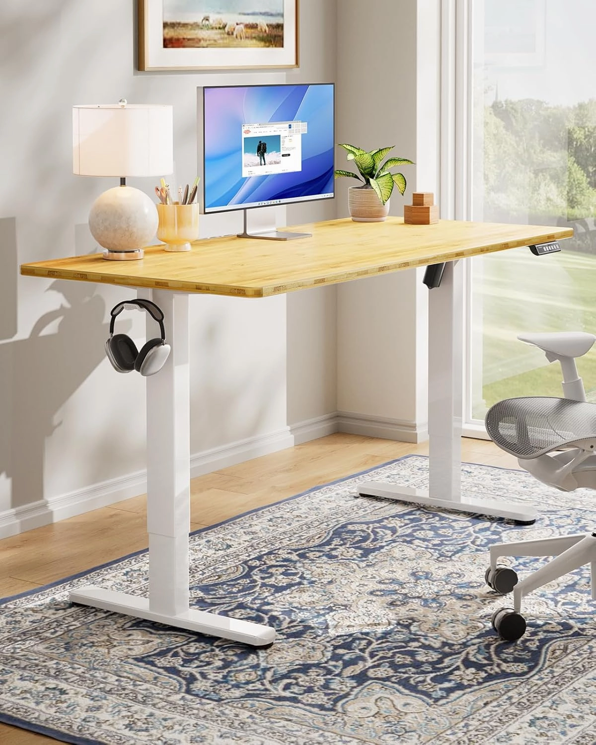 HUANUO Electric Standing Desk, 60" x 24" Whole Piece Desktop, Adjustable Height Computer Desk, 4 Height Memory Settings, Sit Stand Up Desks for Home Office, Bamboo