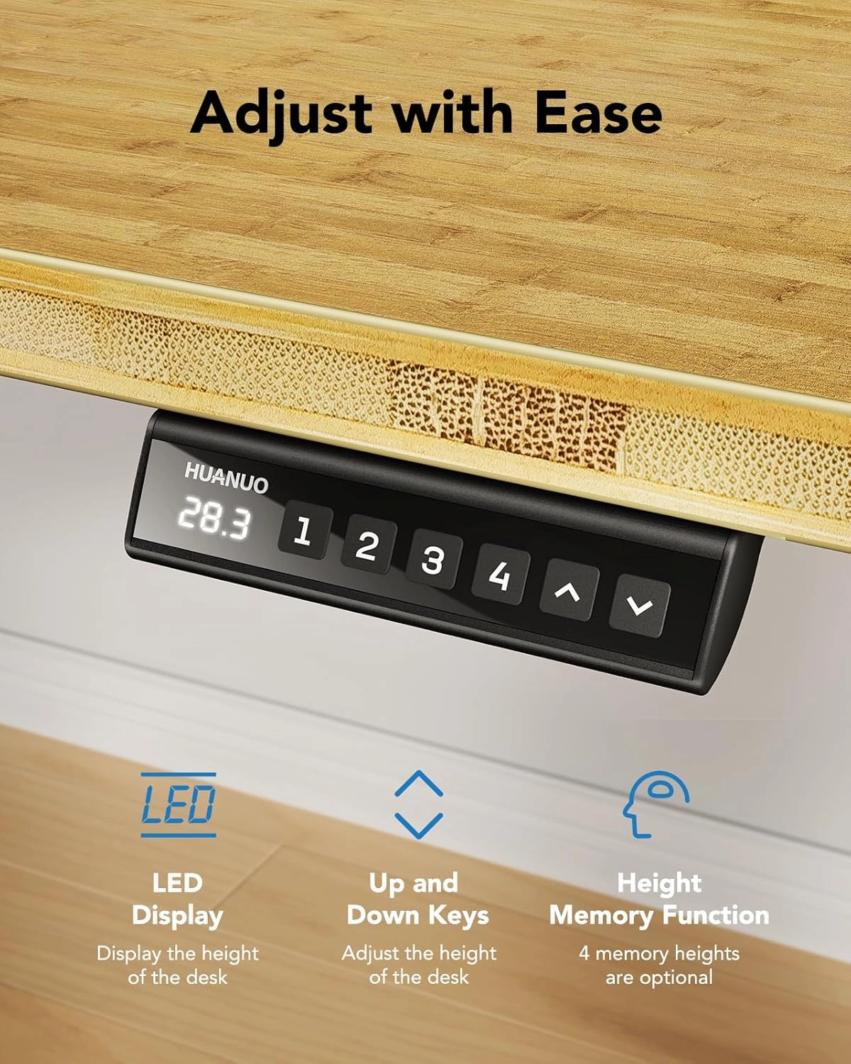 HUANUO Electric Standing Desk, 60" x 24" Whole Piece Desktop, Adjustable Height Computer Desk, 4 Height Memory Settings, Sit Stand Up Desks for Home Office, Bamboo