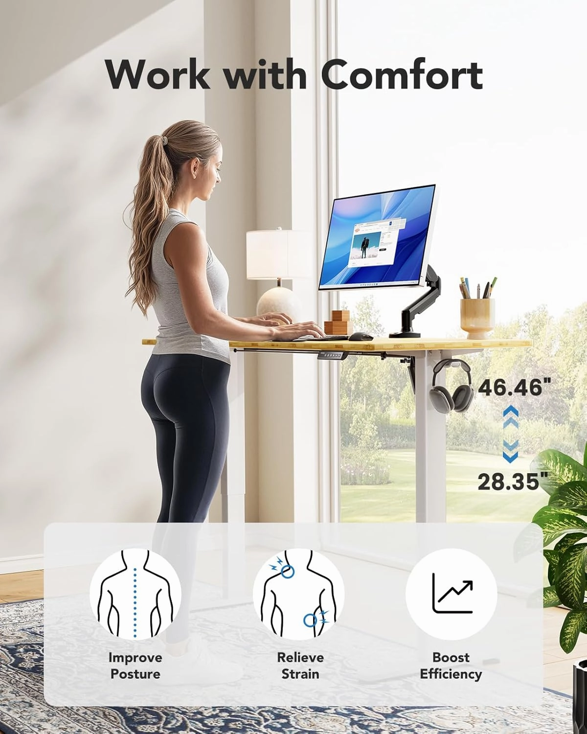 HUANUO Electric Standing Desk, 60" x 24" Whole Piece Desktop, Adjustable Height Computer Desk, 4 Height Memory Settings, Sit Stand Up Desks for Home Office, Bamboo