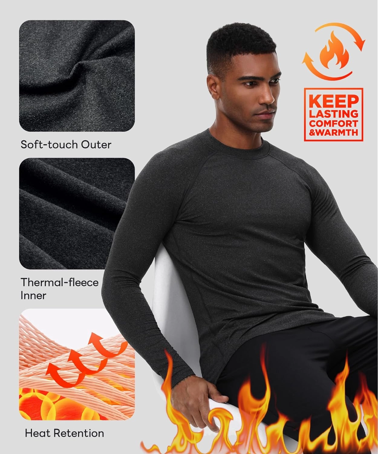 HUGE SPORTS Men's Thermal Base Layer Top for Winter Moisture Wicking Athletic Shirts for Skiing Running Workout