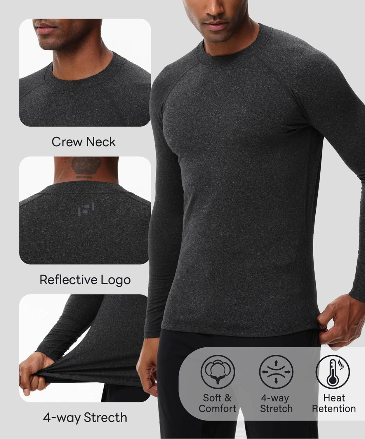 HUGE SPORTS Men's Thermal Base Layer Top for Winter Moisture Wicking Athletic Shirts for Skiing Running Workout