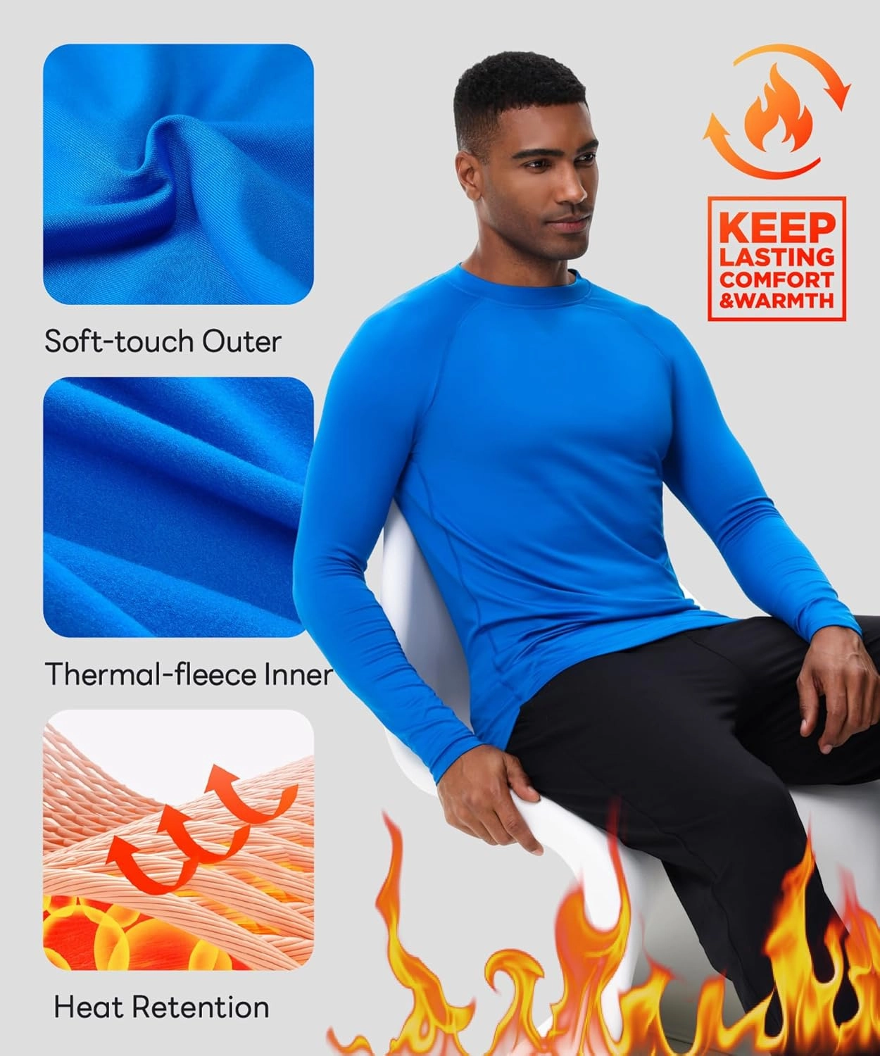 HUGE SPORTS Men's Thermal Base Layer Top for Winter Moisture Wicking Athletic Shirts for Skiing Running Workout