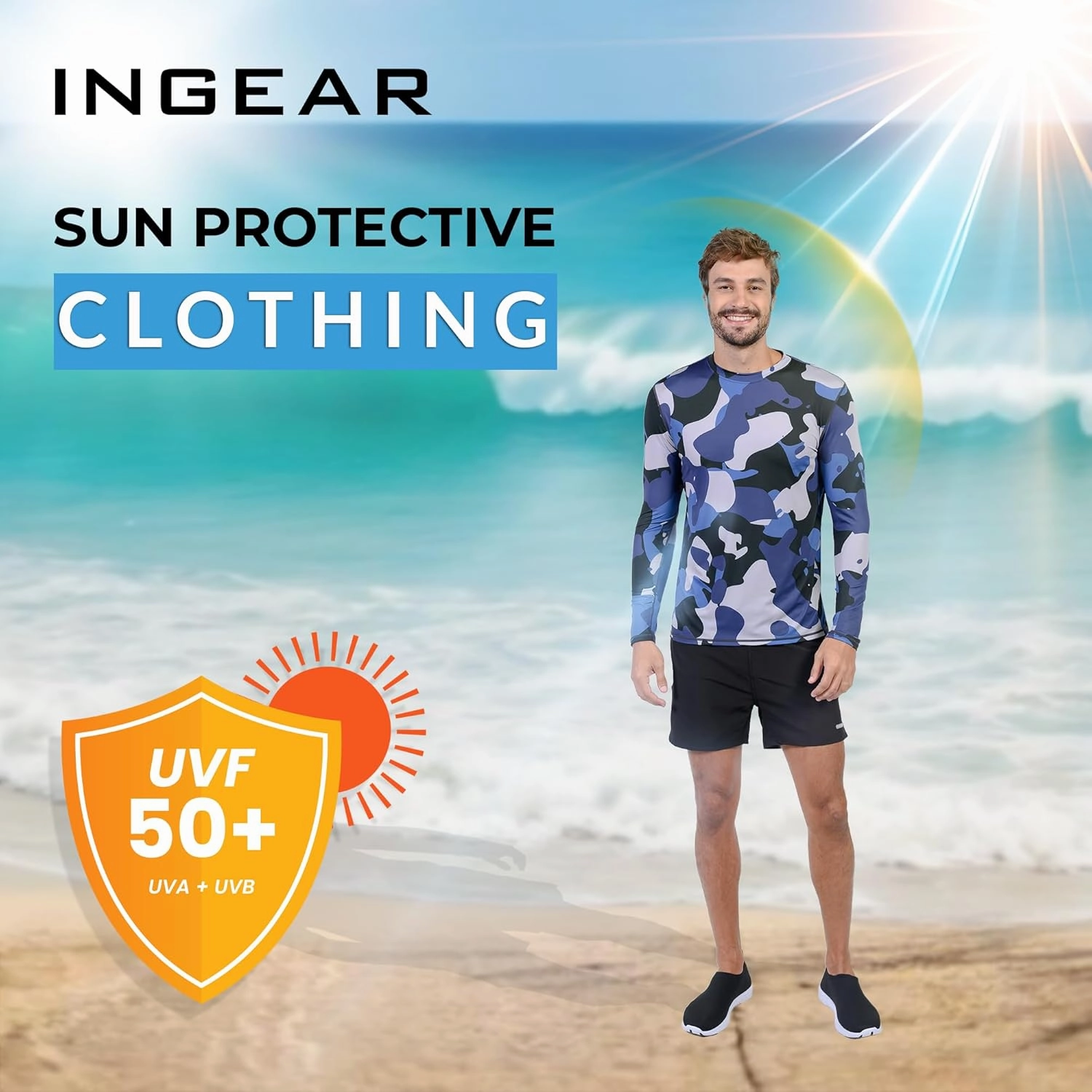 INGEAR Men's UPF 50  Long Sleeve Sun Shirt, Quick-Dry UV Protection Rash Guard for Fishing, Hiking, Swimming