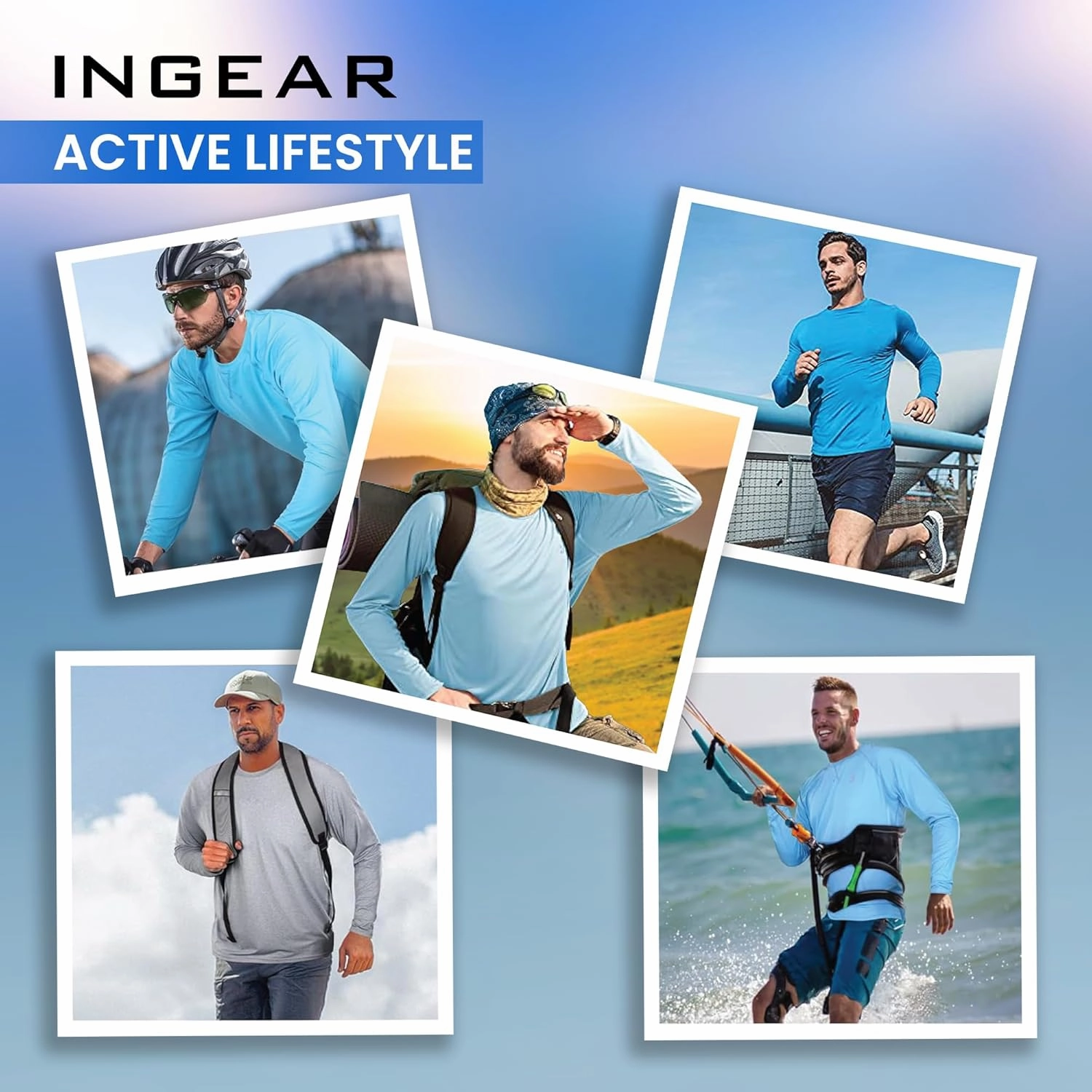 INGEAR Men's UPF 50  Long Sleeve Sun Shirt, Quick-Dry UV Protection Rash Guard for Fishing, Hiking, Swimming