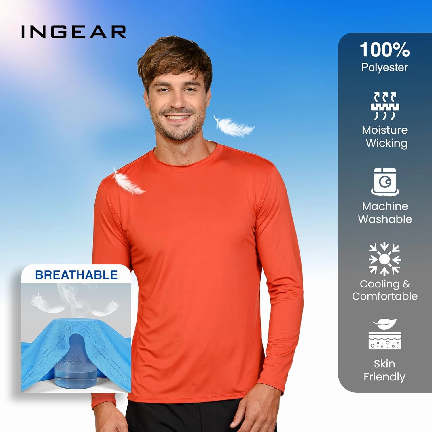 INGEAR Men's UPF 50  Long Sleeve Sun Shirt, Quick-Dry UV Protection Rash Guard for Fishing, Hiking, Swimming
