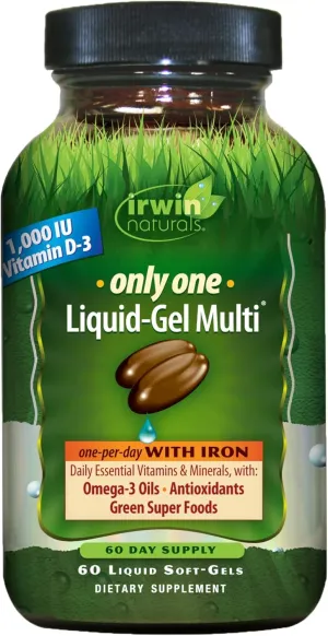Irwin Naturals Only One Liquid-Gel Multi - 60 Softgels - One-Per-Day Multivitamin with Iron, Omega-3 Oils, Antioxidants & Green Super Foods