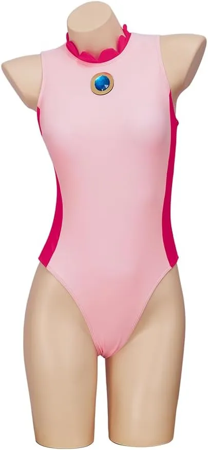 iSHOWcos Princess Peach Cosplay Swimsuit Pink Peach Costume Swimwear Bathing Suit Sexy Jumpsuit Halloween Bodysuit