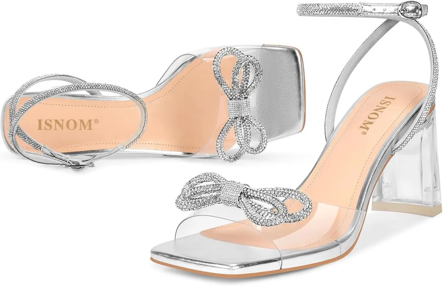 ISNOM Clear Rhinestone Heels for Women, Comfortable and Sassy, Suitable for All Occasions