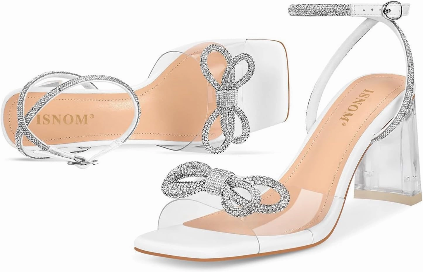 ISNOM Clear Rhinestone Heels for Women, Comfortable and Sassy, Suitable for All Occasions