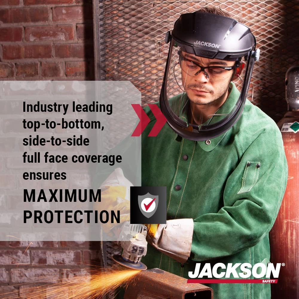 Jackson Safety Lightweight MAXVIEW Premium Face Shield - Mask with 370 Speed Dial Ratcheting Headgear, ANSI Z87.1, for Work, Grinding, Cutting - Uncoated - Clear Tint