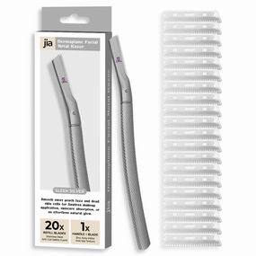 Jia Dermaplane Facial Metal Razor with 20 Blades, Sleek Silver - Eyebrow Trimmer & Face Shaver for Women and Men, Peach Fuzz & Dead Skin Cell Removal Tool