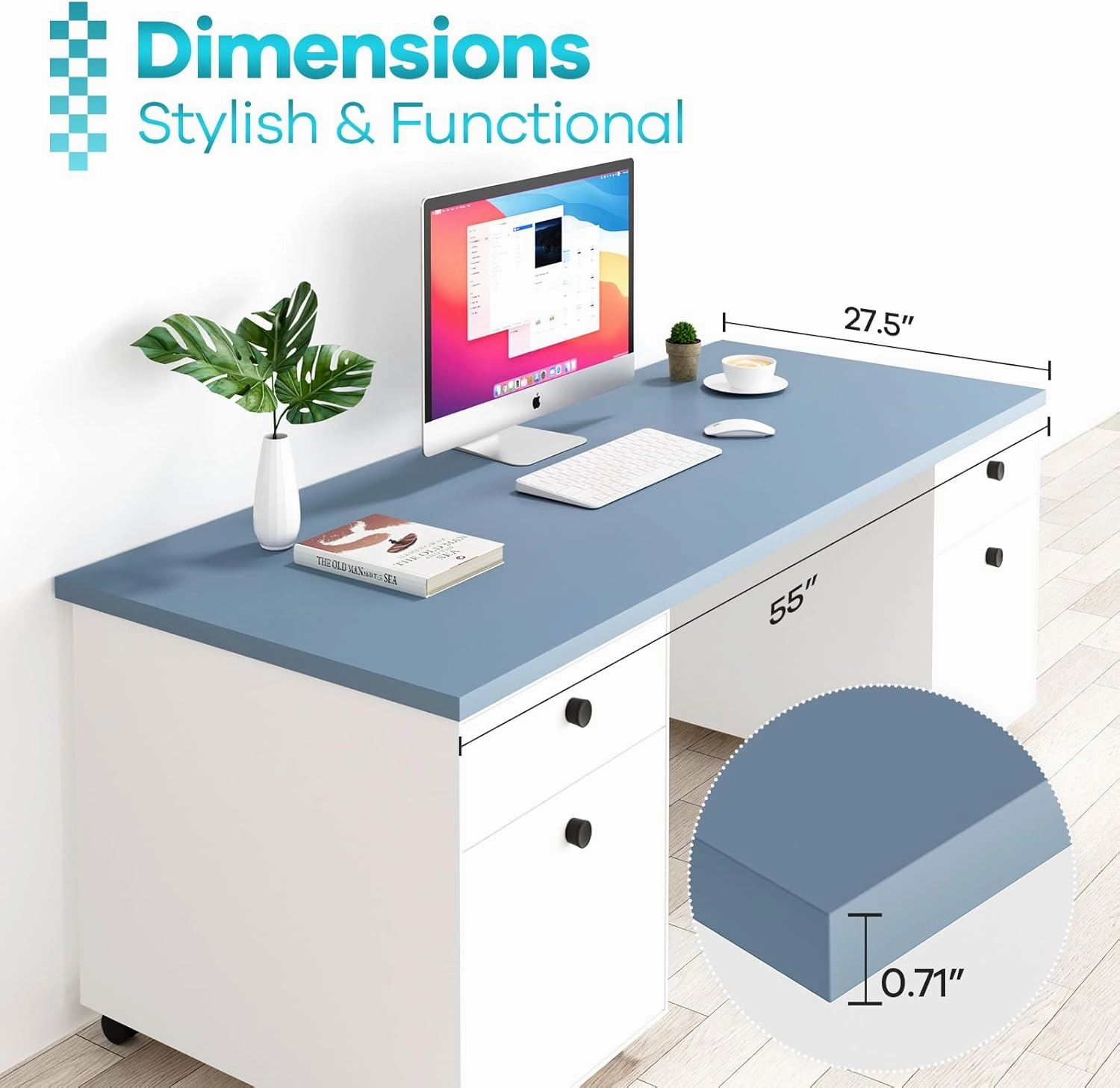 Kaboon 55x27.5 in Tabletop, Wood Desktop One Piece Standing Desk Top Only, Reversible Melamine Countertop for Home and Office,Grayish Blue