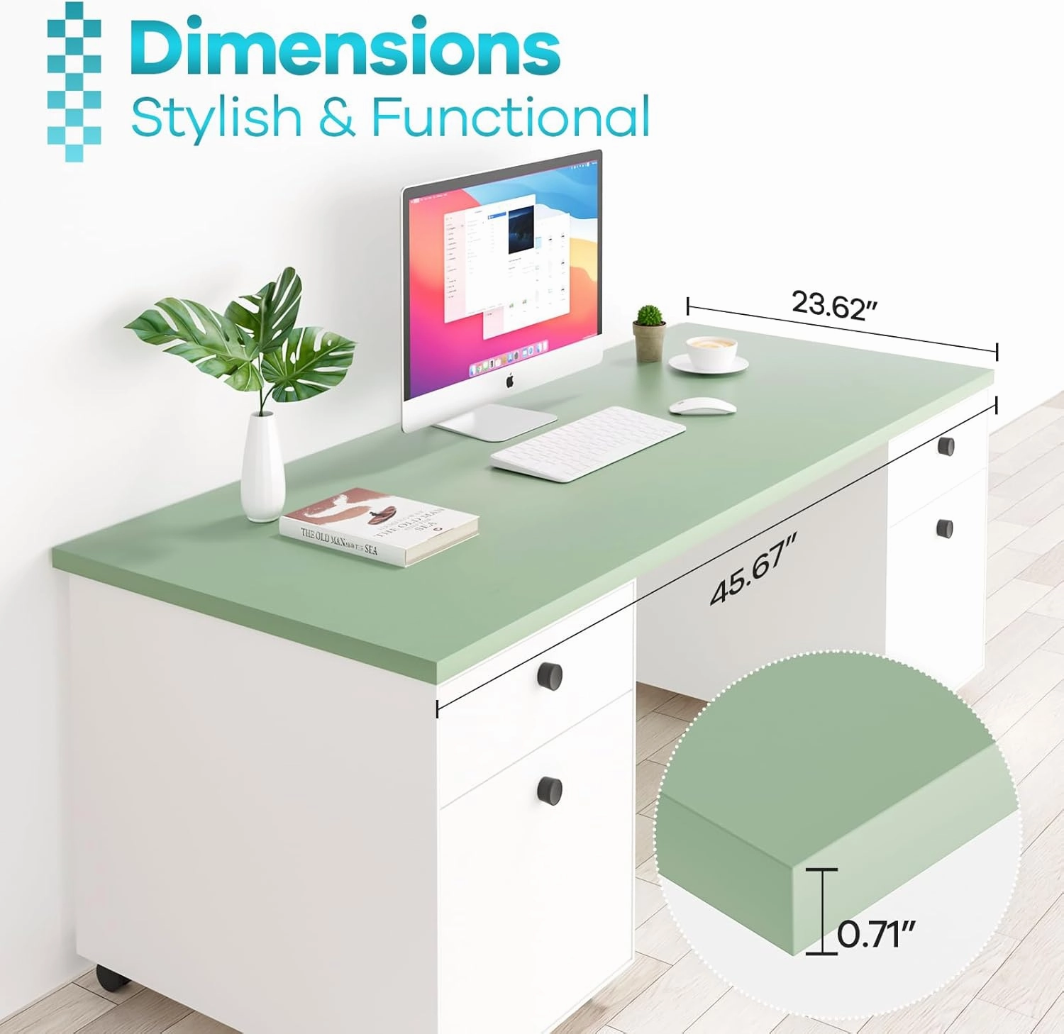 Kaboon Solid Color Table Top 45.67"x23.62", Solid One-Piece Desktop, Reversible Melamine Countertop, Double Desks, L-Desk DIY, Pastel Green
