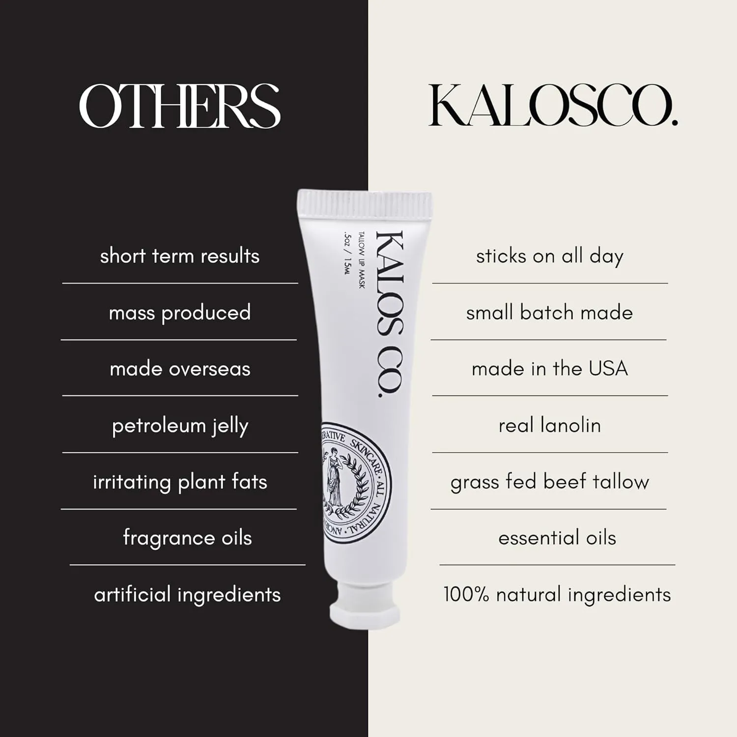 KALOS CO Tallow Vanilla Lip Mask with Grass Fed Beef Tallow for skin and lips, Best Lip Balm For severly chapped lips lanolin and tallow balm all natural lip mask (15ml, Vanilla)