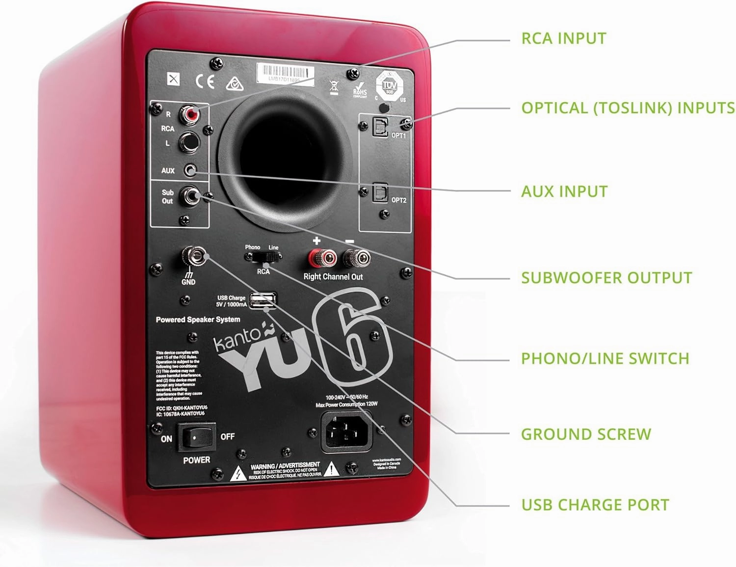 Kanto YU6GR Powered Bookshelf Speakers with Bluetooth and Phono Preamp | Pair | Gloss Red