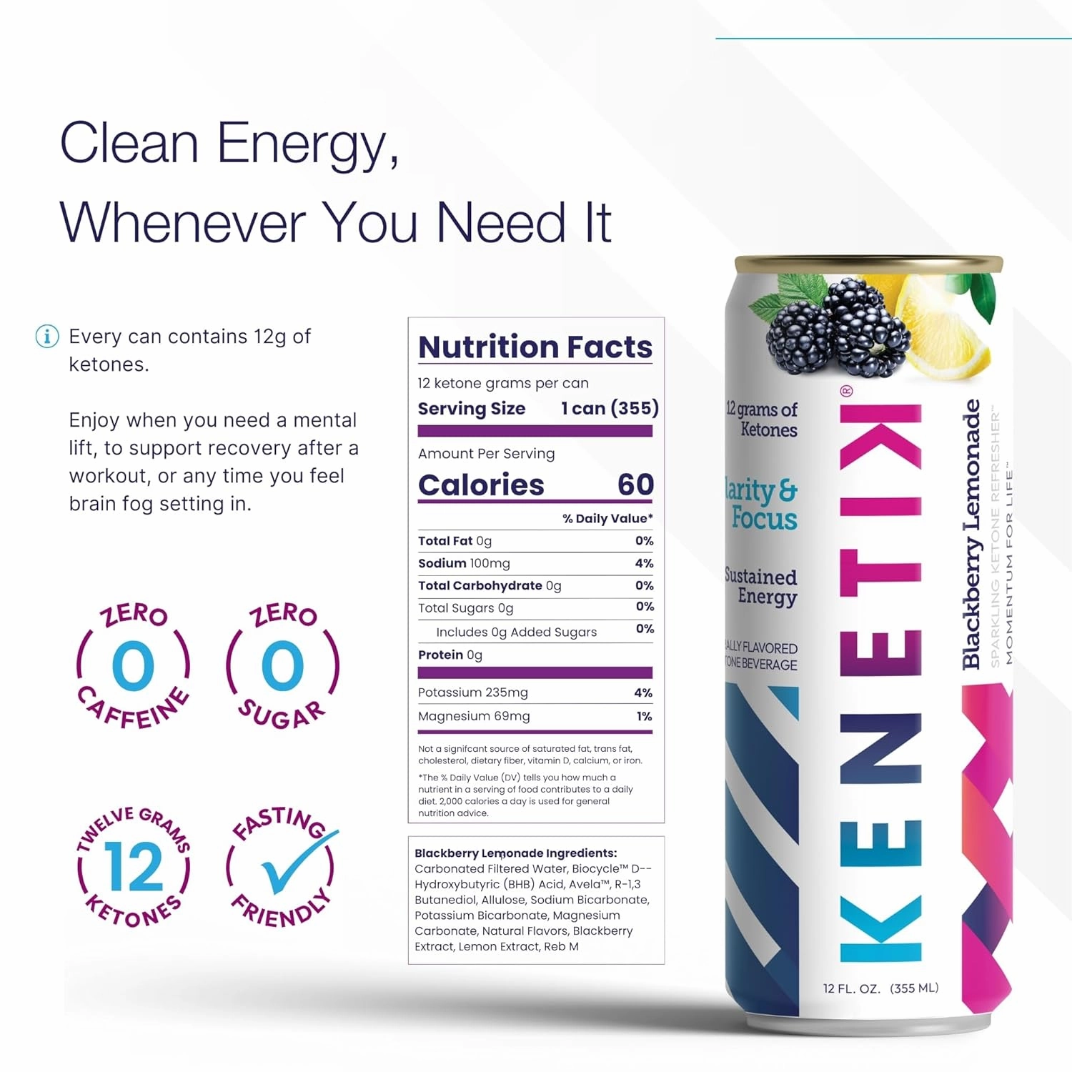 KENETIK Nootropic Ketone Drink, Ketones for Energy & Focus, Caffeine & Sugar Free, High Performance D-BHB Ketone Mix, Fuel w/Zero Crash or Jitters, Ready to Drink - Strawberry Peach 6 Pk
