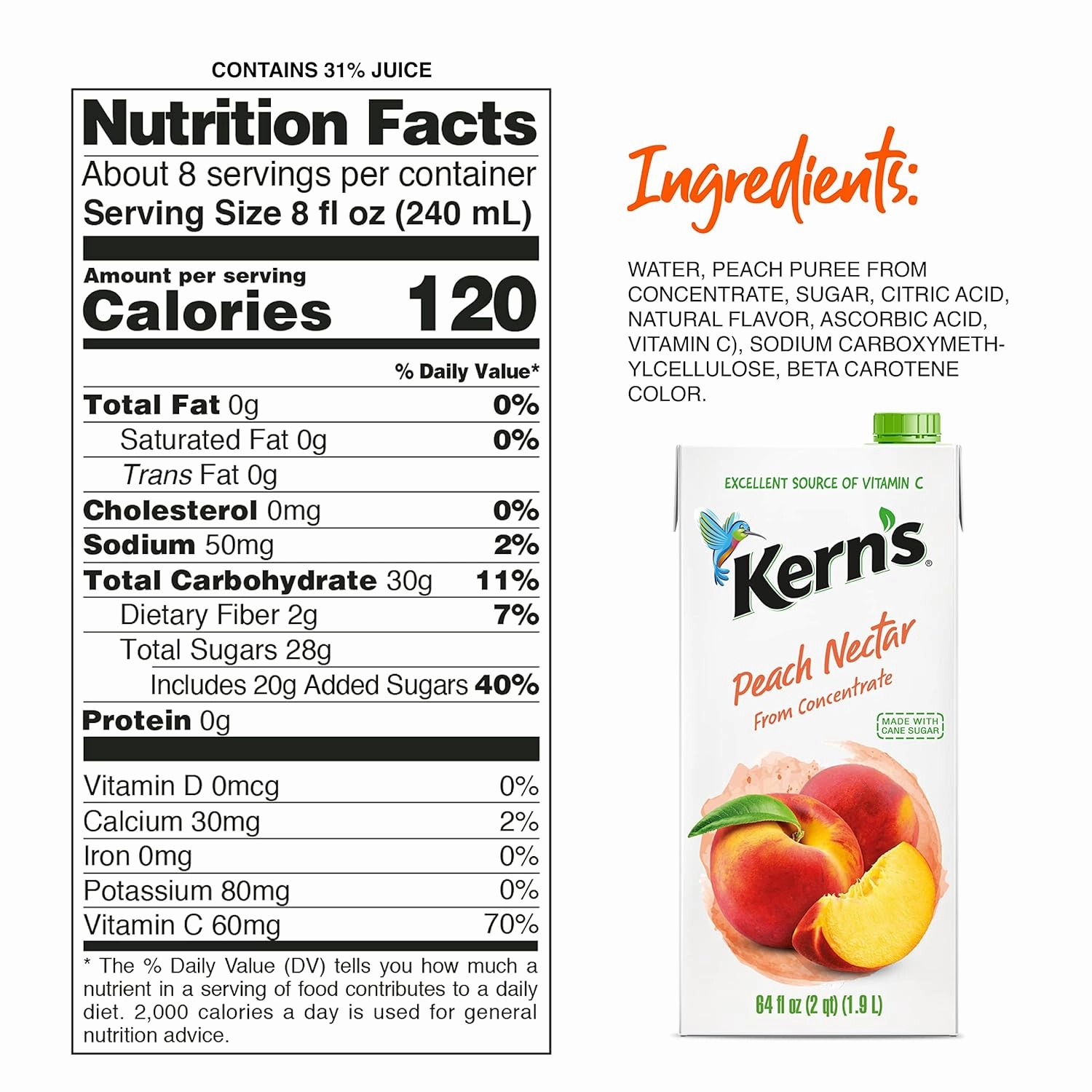 Kern’s Peach Juice Nectar - Peach Nectar Made with Fresh Fruit Puree - Fruit Juice Concentrate for Smoothie Mix, Cocktail Mixers & Kids Drinks & Beverages - 64oz, 8 Pack Carton