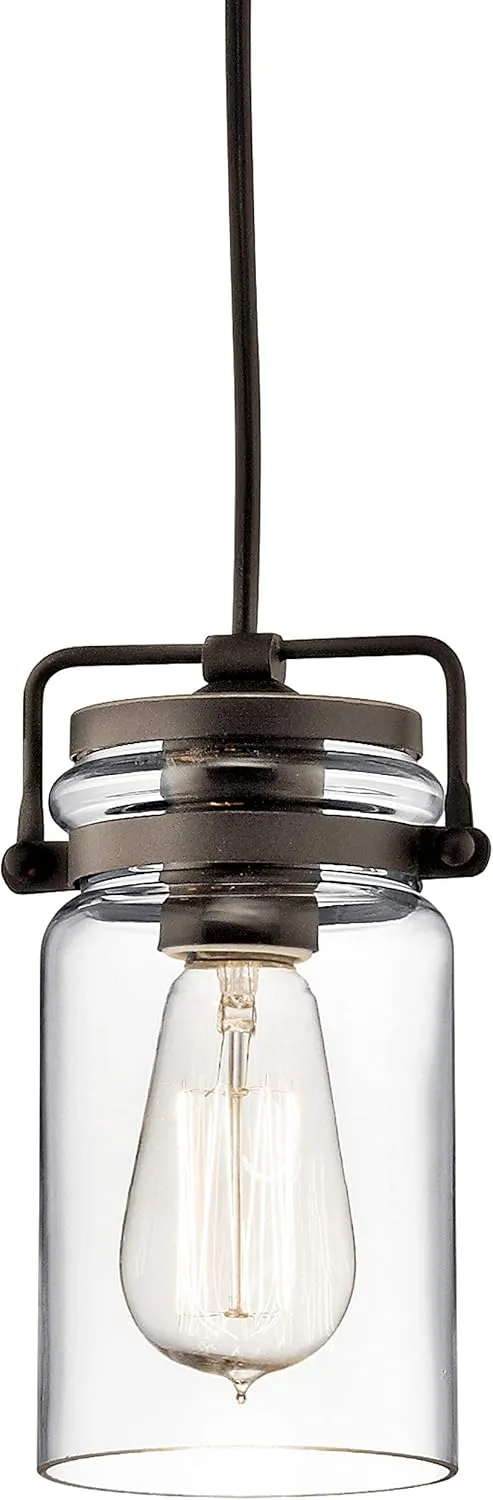 Kichler Brinley 7.75" Kitchen Pendant in Olde Bronze®, Mini Farmhouse Pendant with Clear Glass, (7.75" H x 4.75" W), 42878OZ, 1-Light