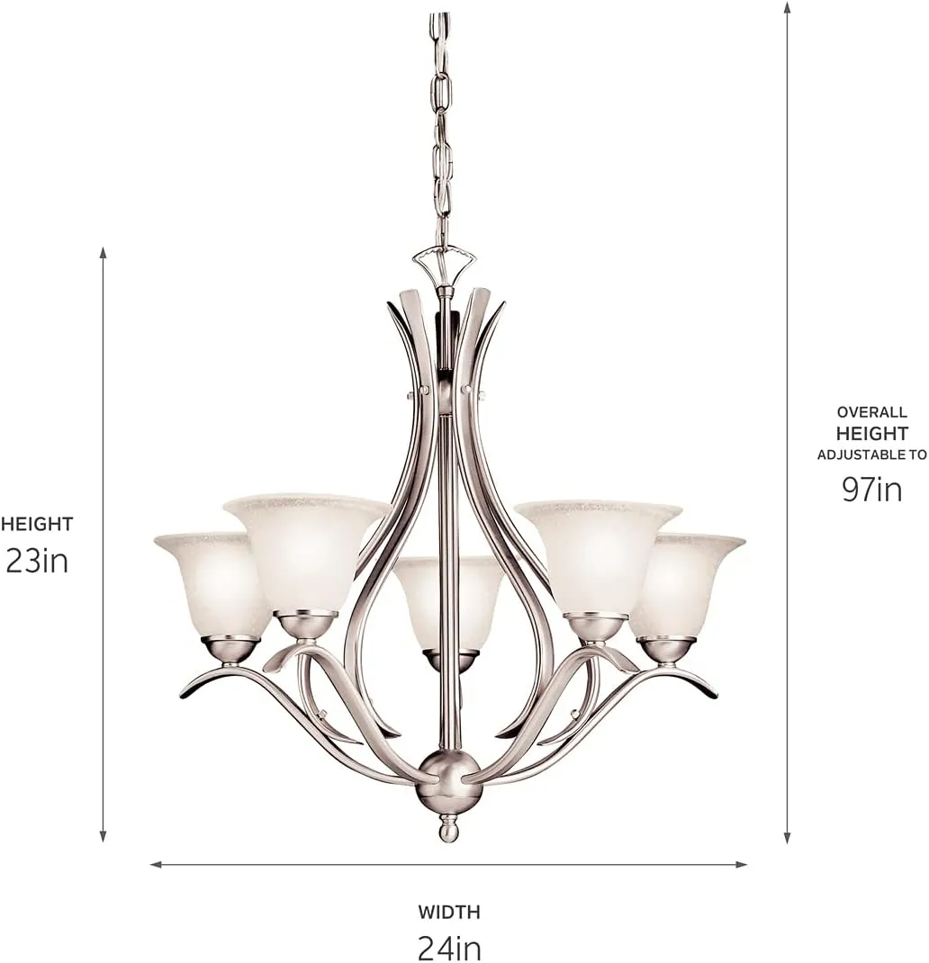 Kichler Dover 23" Chandelier in Brushed Nickel, 5-Light Classic Foyer or Dining Room Chandelier with Etched Seeded Glass, (23" H x 24" W), 2020NI