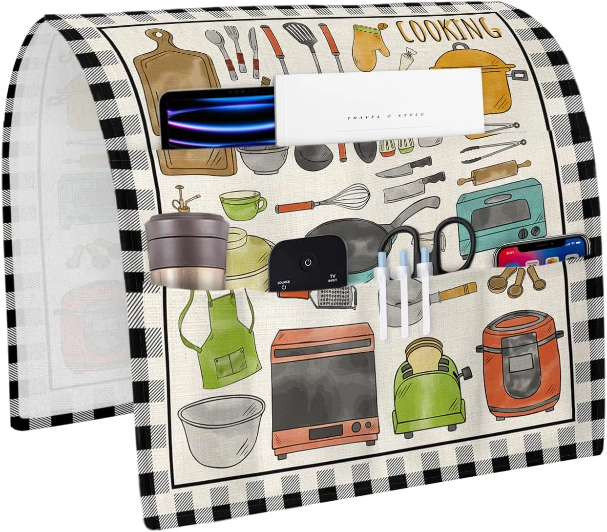 Kitchen Cooking Remote Control Holder for Bed Recliner Sofa Armrest Organizer, Farmhouse Rutsic Black Plaid Burlap Couch Caddy Bedside Storage with 5 Pockets for Magazine/Phone/Cup 19.7"x35"