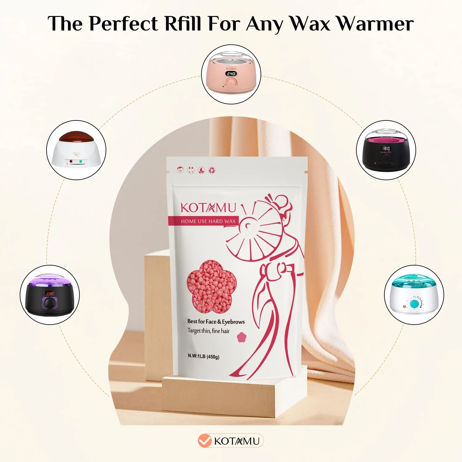 KOTAMU Wax Beads for Hair Removal - Professional Waxing for Sensitive Skin, Targets Thin Fine Hair, 1lb Pink Beads Ideal for Home Waxing Face, Eyebrows, Chin, Body, Legs, Arms, Underarm, Bikini