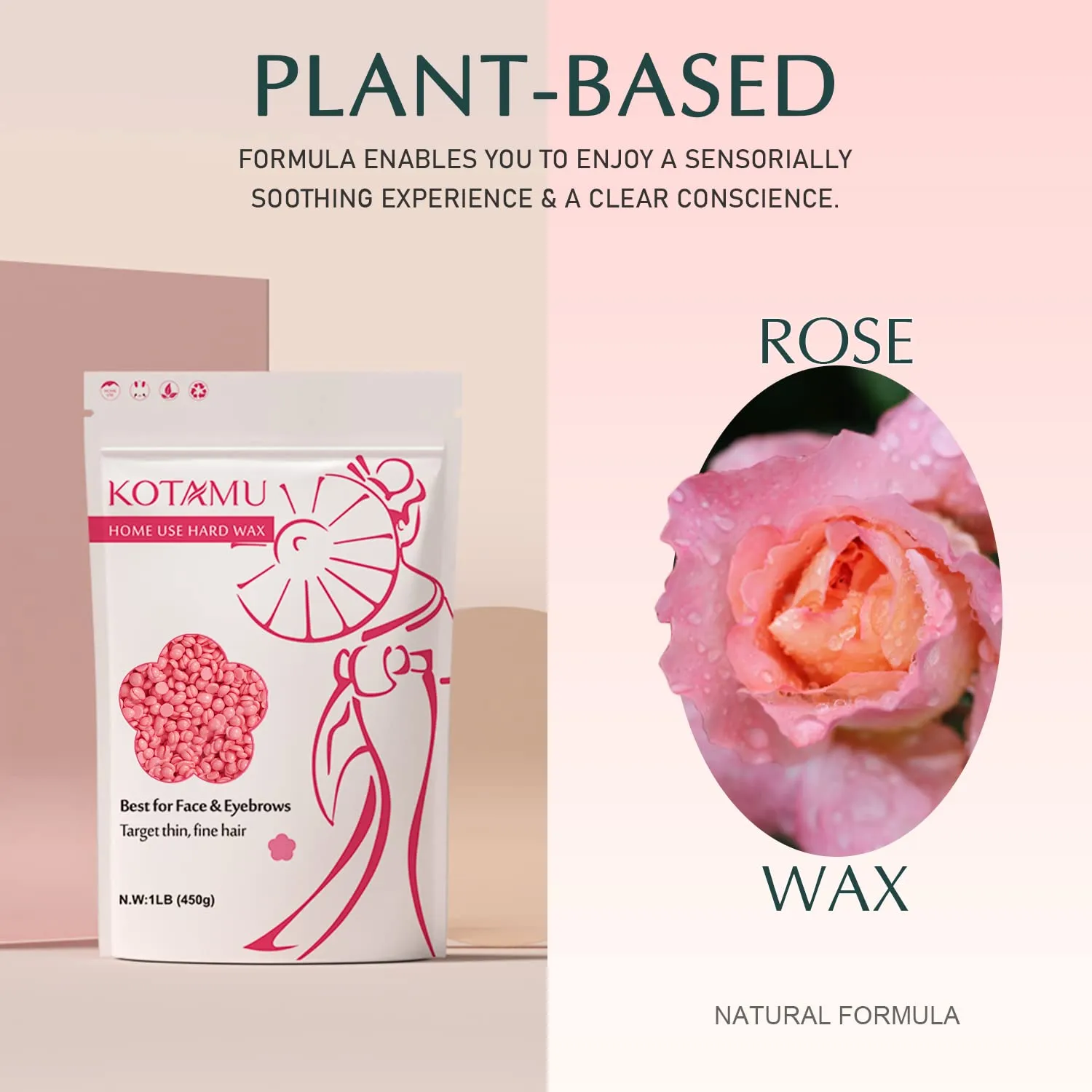 KOTAMU Wax Beads for Hair Removal - Professional Waxing for Sensitive Skin, Targets Thin Fine Hair, 1lb Pink Beads Ideal for Home Waxing Face, Eyebrows, Chin, Body, Legs, Arms, Underarm, Bikini