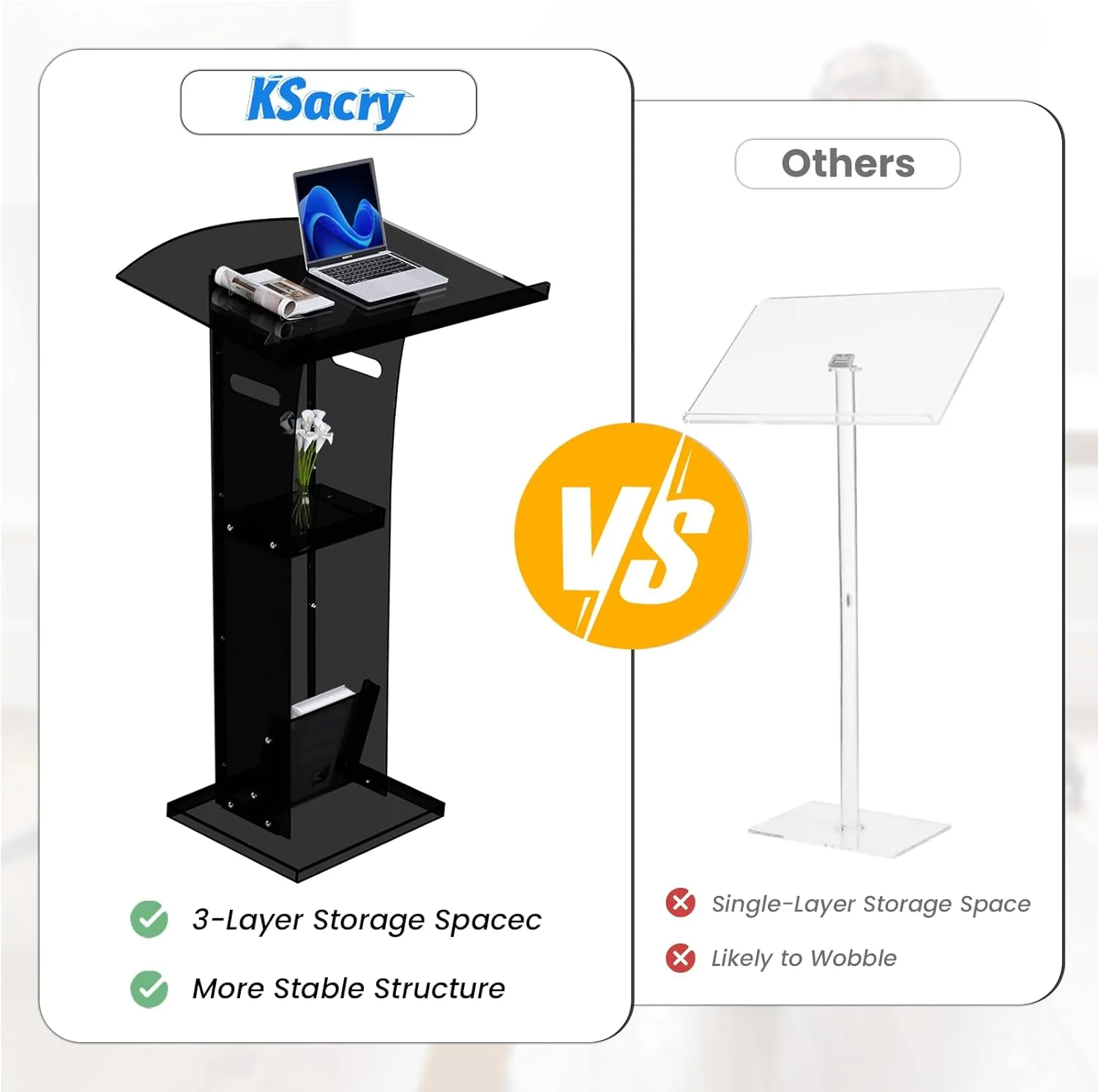 KSacry Acrylic Clear Black Podium Stand with Storage Shelf,Plexiglass Pulpits for Churches,Conference,Speeches,Weddings,Classroom,Professional Presentation Podiums (23.6" L X 17.7" W X 43" H, Black)