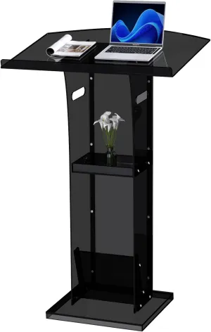 KSacry Acrylic Clear Black Podium Stand with Storage Shelf,Plexiglass Pulpits for Churches,Conference,Speeches,Weddings,Classroom,Professional Presentation Podiums (23.6" L X 17.7" W X 43" H, Black)
