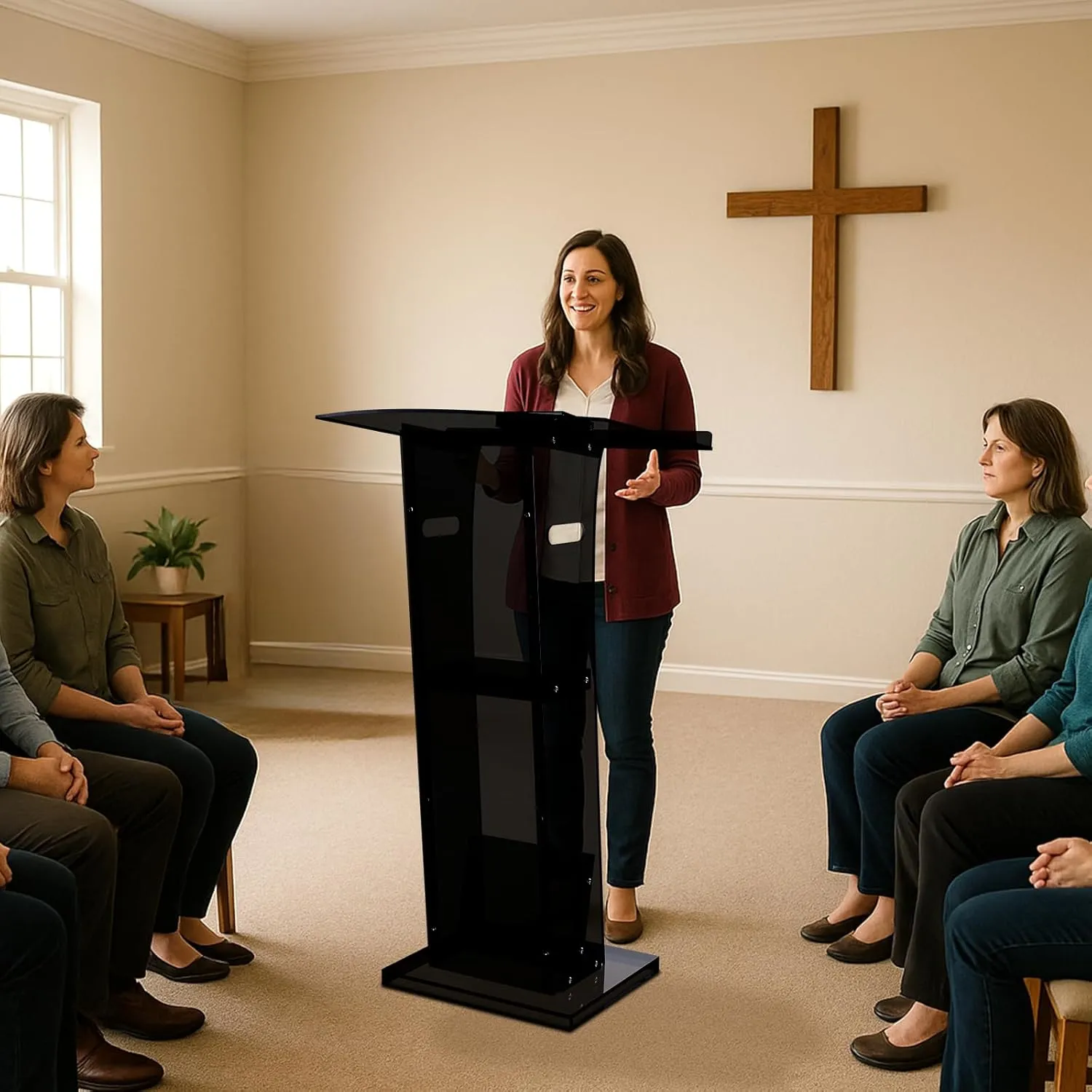 KSacry Acrylic Clear Black Podium Stand with Storage Shelf,Plexiglass Pulpits for Churches,Conference,Speeches,Weddings,Classroom,Professional Presentation Podiums (23.6" L X 17.7" W X 43" H, Black)