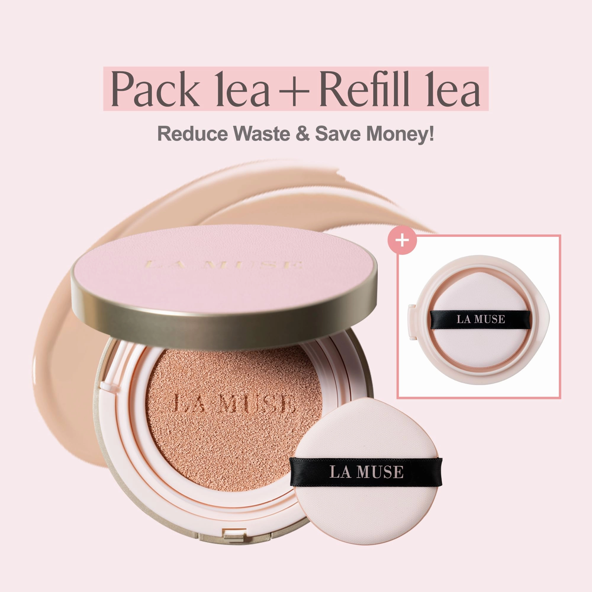 LA MUSE Glow Korean Cushion Foundation, #21 Light Beige(Pack of 2) | Lightweight, Hydrating Korean Cushion, Non-Sticky & Greasy | Long-Lasting, Flawless Natural Cover for Blemish & Pore, Dewy Finish