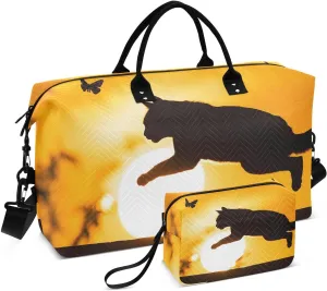 Large Travel Duffel Bag, Shadow Cat Butterfly Orange Sport Tote Gym Bag, Shoulder Weekender Overnight Bag for Women Men, Carry On Luggage with Toiletry Bag