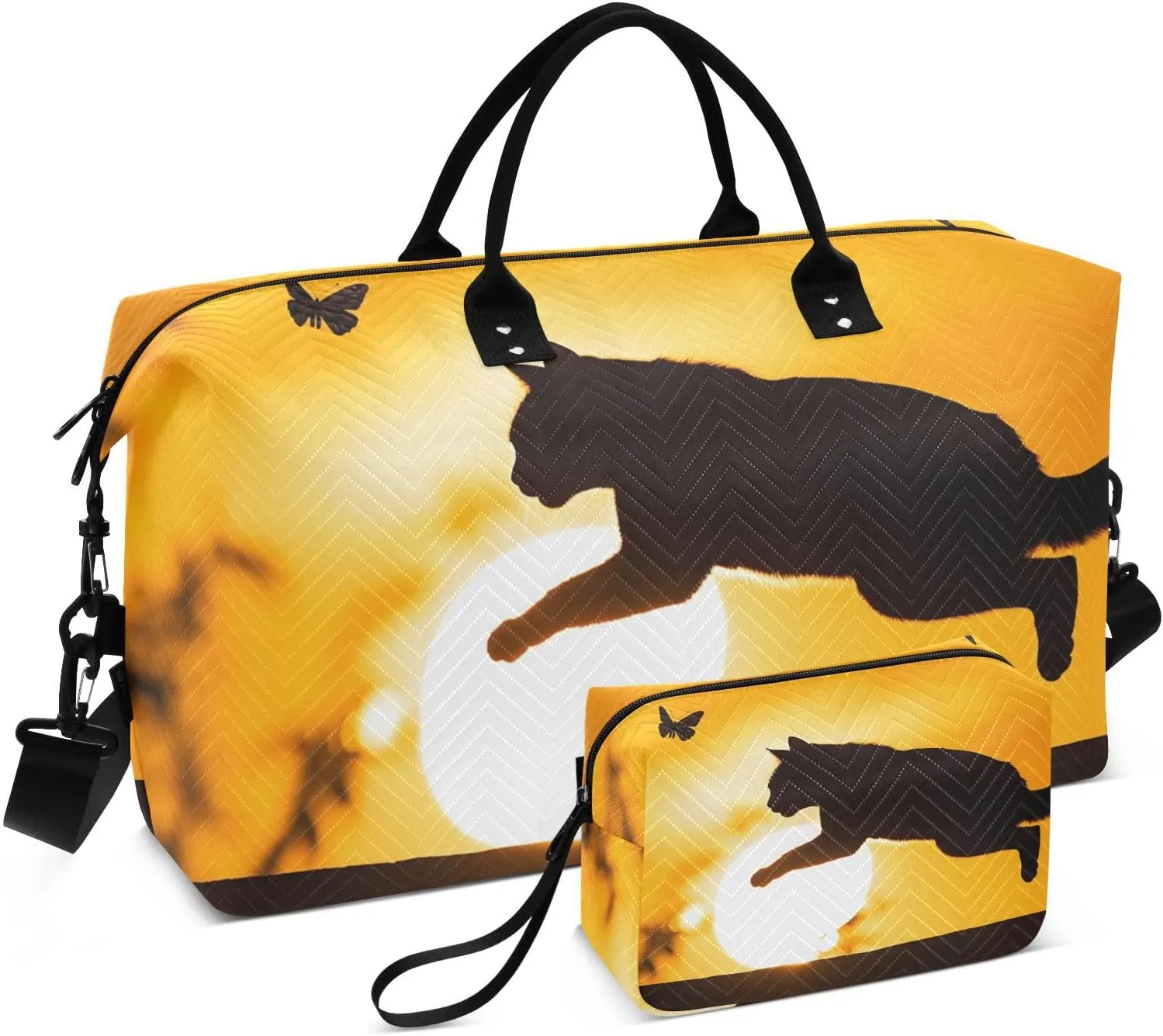 Large Travel Duffel Bag, Shadow Cat Butterfly Orange Sport Tote Gym Bag, Shoulder Weekender Overnight Bag for Women Men, Carry On Luggage with Toiletry Bag